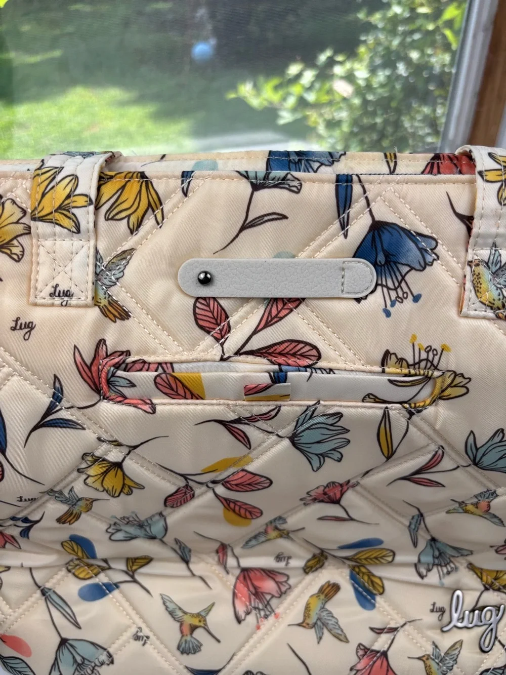LUG Skyliner Tote Bag Cream Hummingbird Floral Quilted Insulated Tote Bag